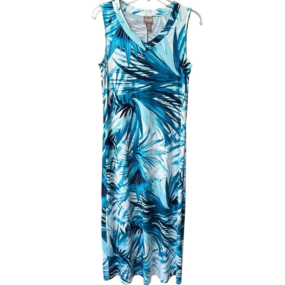 Chico's Blue Tropical Palm Leaf Print V Neck Sleeveless Maxi Dress Women 0 Small